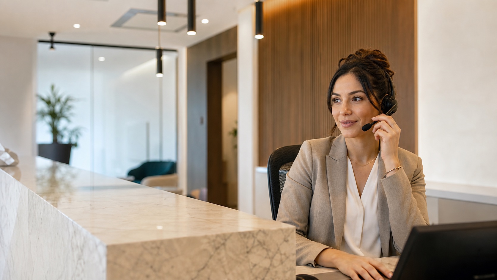 Illustrative image of a coordinator answering a call at a dental reception desk